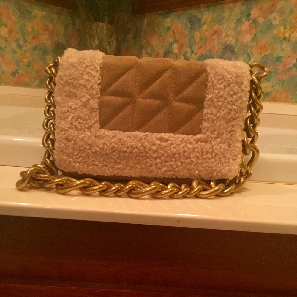 NWOT tan suede Zara faux wool trim purse